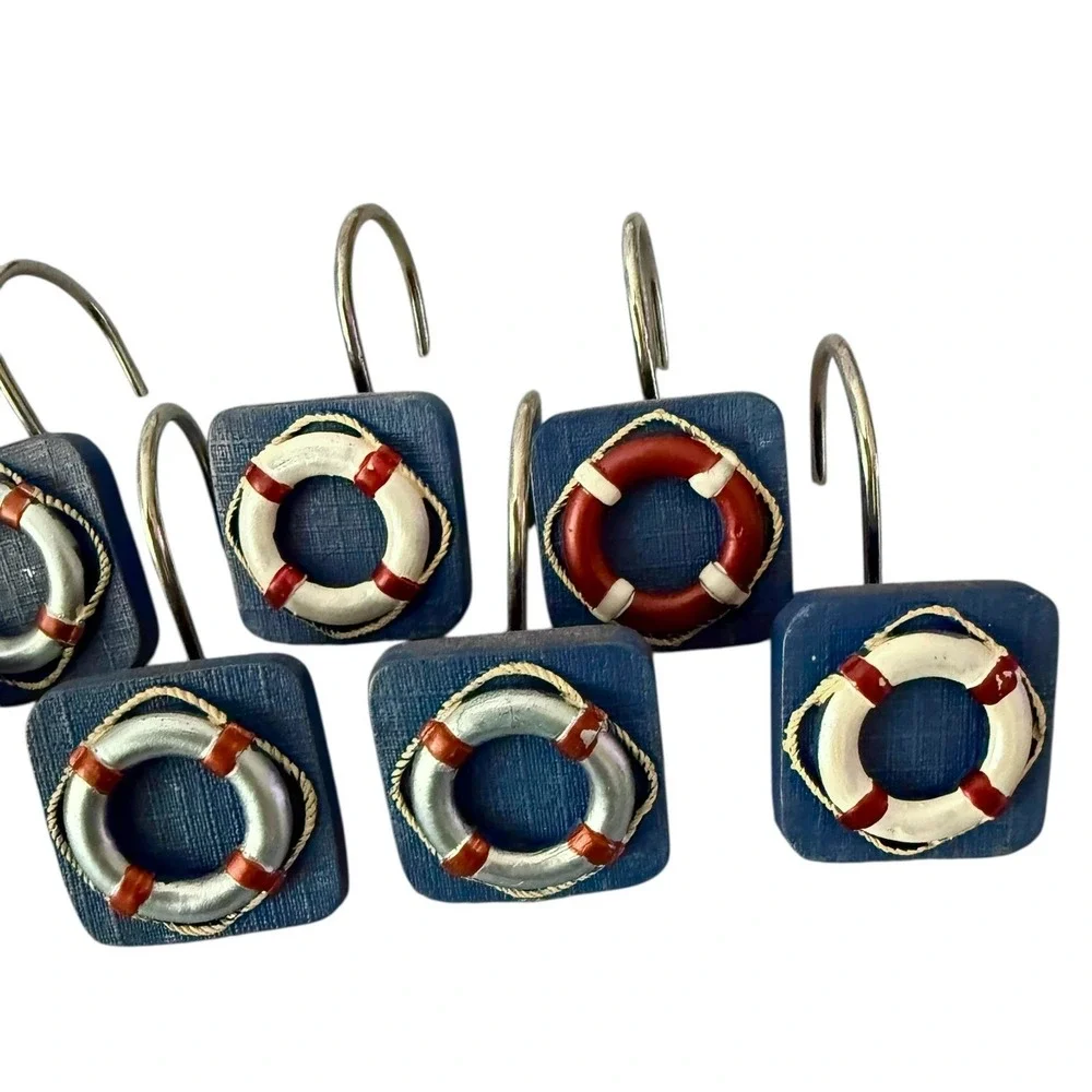 Nautical Anchor Life Preserver Shower Curtain Red Blue White Fabric‎ w/ 12 Hooks